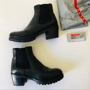 Prada Sz 8.5 Mid Heel Leather Chelsea Boots W/Box
